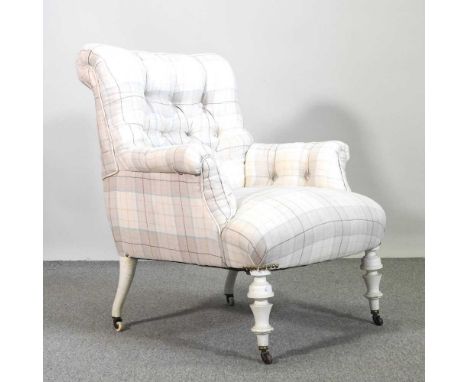 A Victorian check upholstered button back chair, with later white painted legs