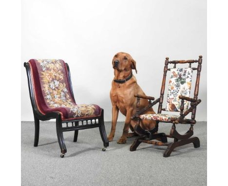 A Victorian tapestry upholstered nursing chair, together with a 19th century children's American rocking chair (2)
