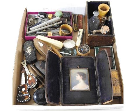 A 19th century tortoiseshell miniature mandolin, together with a miniature guitar, various 19th century snuff boxes, a portra