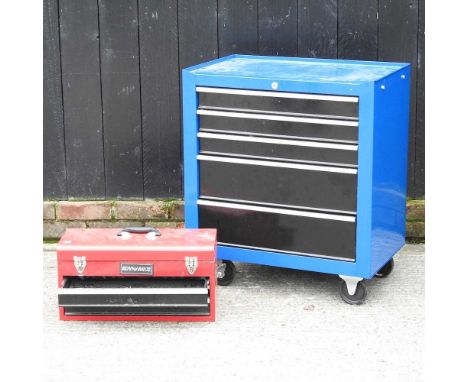 A blue metal tool cabinet, with five drawers, on castors, containing tools, together with a Dynamic part socket and spanner s