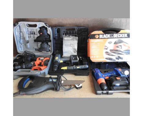 A collection of power tools, to include a Black and Decker Quattro sander, a Sandstorm sander, a Cougar cordless screwdriver,