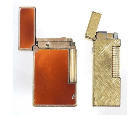 A Dupont brown laque de chine gold plated pocket lighter, stamped marks, 6cm high, together with a Dunhill textured gold plat