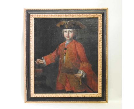 English school, 17th/18th century, a three quarter length portrait of a young man in formal dress, wearing a red coat and bla