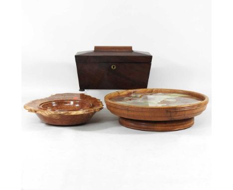 A burr yew treen bowl, 31cm wide, together with a Regency mahogany tea caddy and an elm lazy susan, with an inset onyx top (3