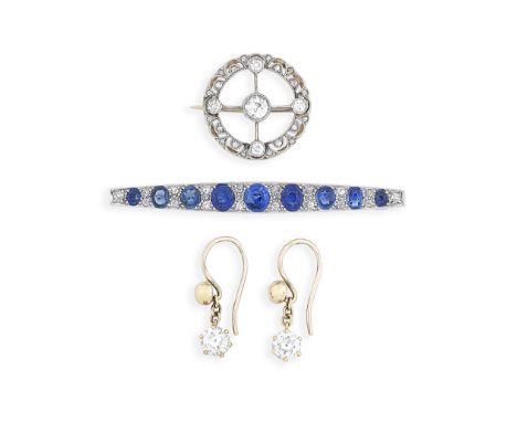 A Sapphire and diamond bar brooch, circa 1910, diamond brooch, circa 1915, pair of diamond earrings1st: Set with oval-cut sap