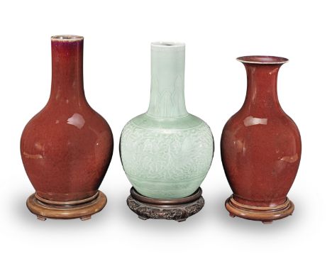 A group of three Monochrome Chinese 19th century and later vasesComprising of a flambé-glazed bottle vase, circa 1800, a flam