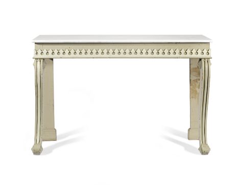 A Gustavian white and grey painted console tableWith a white marble top on scrolled front supports, 137cm wide x 39cm deep x 