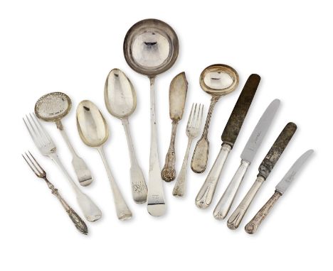 An assorted collection of flatwarevarying makers and datesComprising: Six provincial silver Fiddle pattern table spoons, John