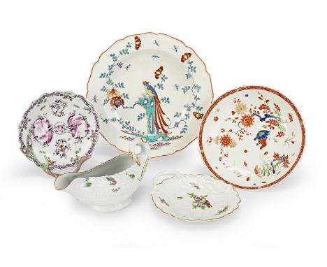 A group of Worcester porcelain, circa 1760-70Comprising two 'Blind Earl' dishes, one painted in puce with landscape vignettes