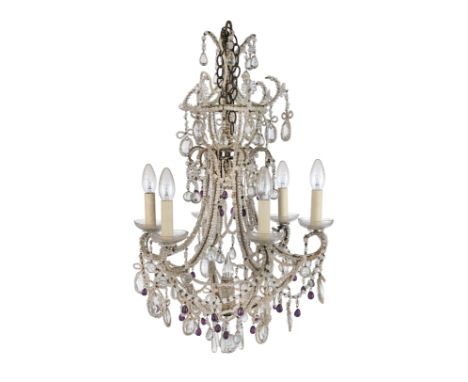 A French cut and moulded glass six light chandelierEarly 20th century Hung with clear and amethyst drops and chains,  75cm hi