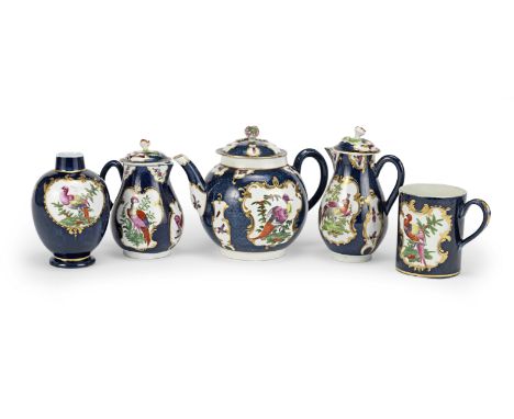 A group of Worcester teawares, circa 1770Comprising a teapot and cover, 16cm high,  two milk jugs and covers, 14cm and 16cm, 