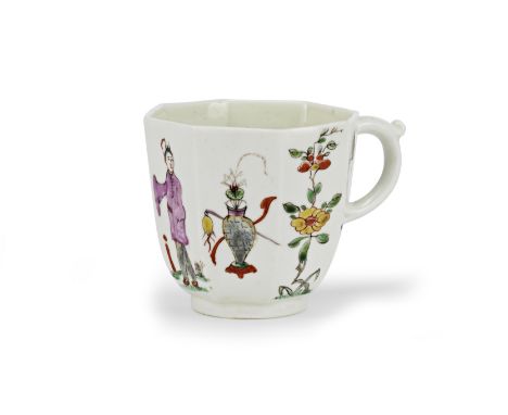 A Worcester octagonal coffee cup, circa 1753-4Painted with a single Chinese figure, vases, flowers and insects with a  C-scro