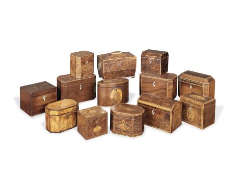 A large collection of thirteen late 18th and 19th century tea caddiesIncluding examples in satinwood, hare wood, rosewood, ma