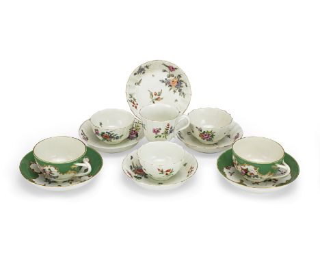 Three Worcester fluted tea bowls and saucers, a fluted cup and saucer and two apple-green ground teacups and saucers, circa 1