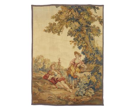 A French late 19th century tapestryDepicting an 18th century courting couple in a Classical landscape, 230cm x 164cmThis lot 