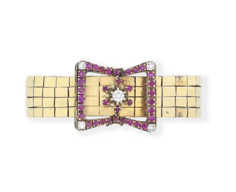 A Ruby and diamond bracelet, circa 1945Four polished brick-link strands to a circular-cut ruby and brilliant-cut diamond clas