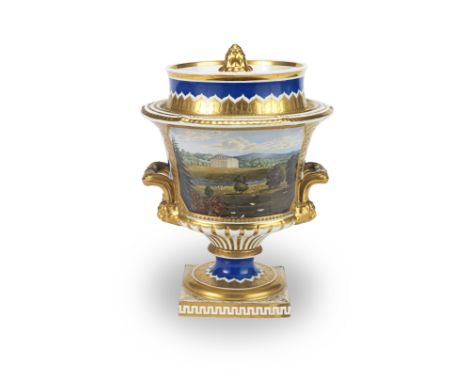 A Grainger's Worcester Empire style ice pail and cover, circa 1830Painted with a view of a country mansion in extensive parkl