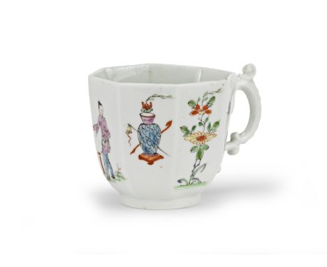 A Worcester octagonal coffee cup, circa 1753-54Painted with a single Chinese figure, vases, flowers and insects, the scrolled