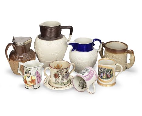 A group of English pottery, 19th CenturyComprisng two feldspathic stoneware jugs, one with a brown ribbed rim, 29cm, the othe