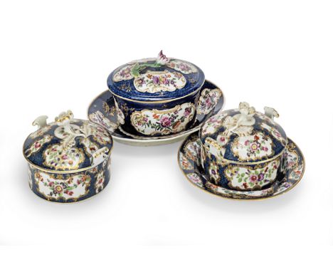 Three Worcester butter tubs, circa 1770Comprising one of oval form with cover and stand, painted with colourful foliate spray