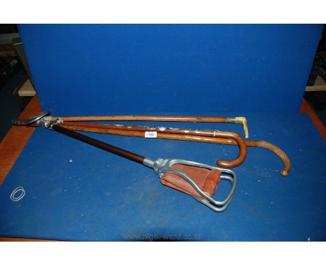 A Shooting Stick, two Walking Sticks and an old Whip, a/f, with silver band engraved with a dog