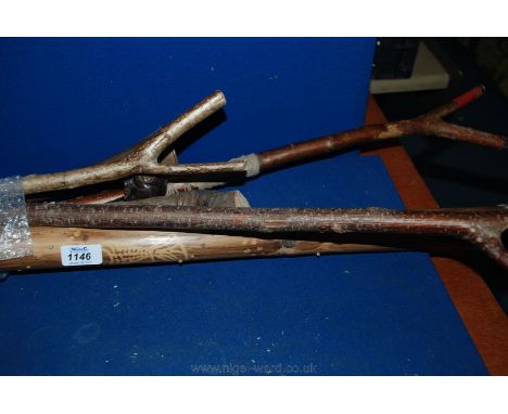 A quantity of walking Sticks including thorn, rustic, etc. a Rainmaker and a Copper hunting Horn