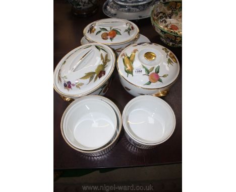 Three lidded Royal Worcester 'Evesham' Casseroles, an open vegetable Dish and souffle dishes