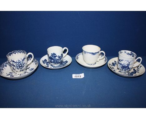 Four 18th c. Worcester porcelain Cups and Saucers, one possibly matched, and one with small hairline crack