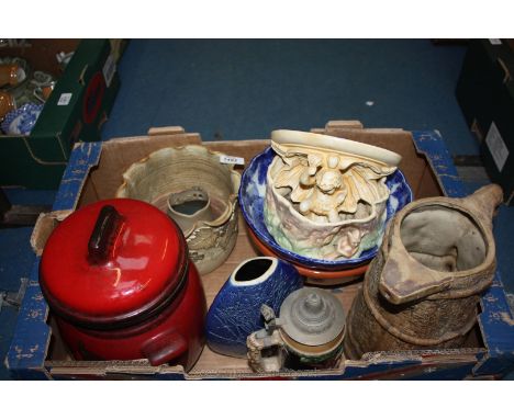 A quantity of china including Rumtoff Jar with lid, Sylvac Planter decorated with rabbits, pottery Jardiniere and Vase, blue 