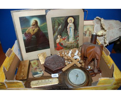 A quantity of Treen and Religious items, including lamp, giant Rosary beads, icons, barometer a/f, etc.
