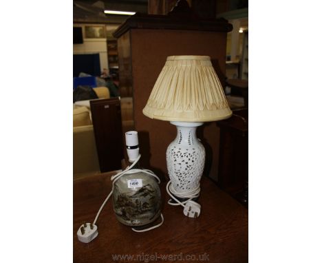 Two Lamps, one being a pottery Lamp hand-painted with scene depicting sheep in the mountains, the other white china Lamp in l