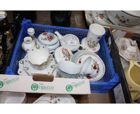 A quantity of china including five Royal Worcester Pin Dishes, Aynsley Vases, floral lidded Coalport Pot, Moustache Cup and s