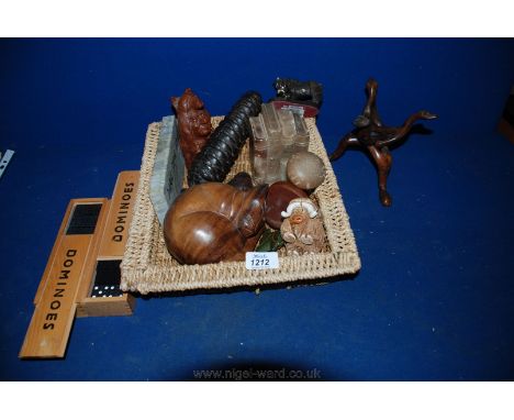 A quantity of Treen, etc. including small table stand in the form of dogs, two sets of dominoes, large cone clock weight, orn