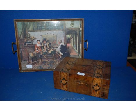 A large antique wooden Tray with print under glass by Albert Schroder 18" x 15" and a Victorian Walnut Tunbridgeware inlaid B
