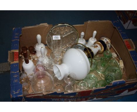 A green glass Dressing Table Set, Table Lamp, miscellaneous Glasses and ceramic Bells