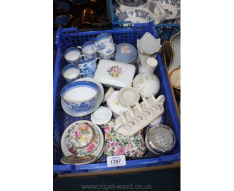 A quantity of china including Crown Devon Toast Rack, Royal Worcester Rose Bowl, various lidded pots, four Pin Dishes includi