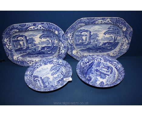 Two large blue and white Copeland Spode ''Italian'' pattern Serving Plates and two matching Bowls, 9 1/2'' diameter