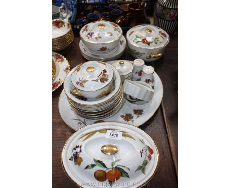 A Royal Worcester Evesham part Dinner Service, comprising of a large Meat Plate, four lidded Casseroles, a Preserve Pot, two 