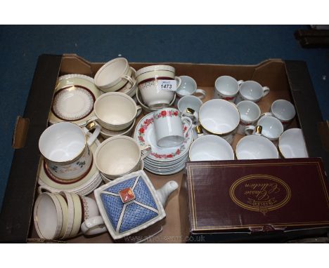 A quantity of china including boxed Sadler's novelty Teapot in the form of a Tudor house, pink floral coffee cans and saucers