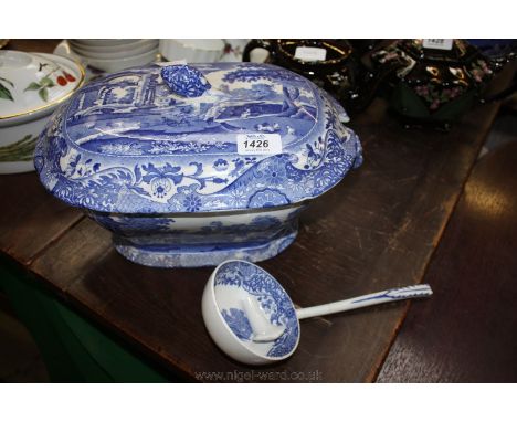 A blue and white Copeland Spode 'Italian' pattern lidded Tureen with Ladle (the ladle damaged)