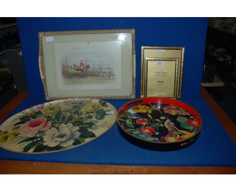 A glass covered Tray depicting a hunting scene 19'', a circular wooden Tray depicting birds and flowers, etc.