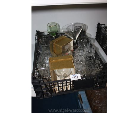 A quantity of glass including four glasses with cockerel design, two with elephant and monkeys, a Champagne glass, two boxed 
