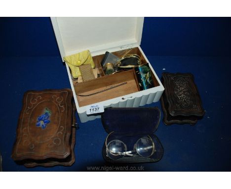 Two Swiss carved Trinket/Jewellery Boxes, one with key and a box containing Lipstick cases, Lighters, Shoe Buckles, etc.