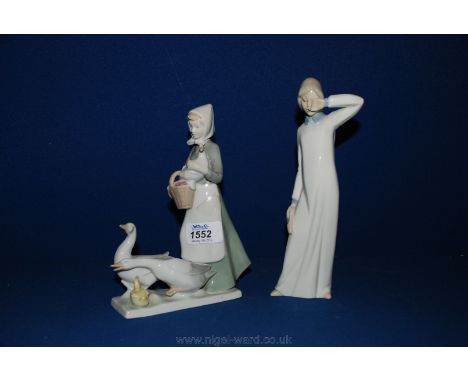 Two Lladro style figures, one of a sleepy girl, marked GDR and the other, girl with geese.