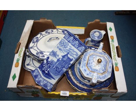 A quantity of blue and white china including eight  Booths Old Willow, Chocolate Pot by  George Jones, a Spode Tea Pot, a six