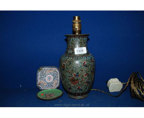 A Cloisonne Vase converted to lamp base.  8 3/4'' high plus two small Cloisonne Pin Trays, etc.