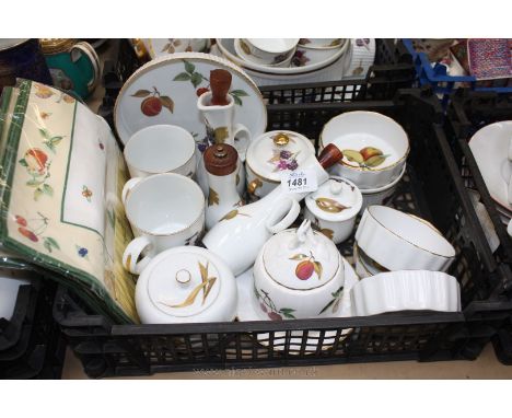 A quantity of Royal Worcester Evesham china including two Mugs, Preserve Jar and Saucer, lidded Sugar Pot, five small Souffle