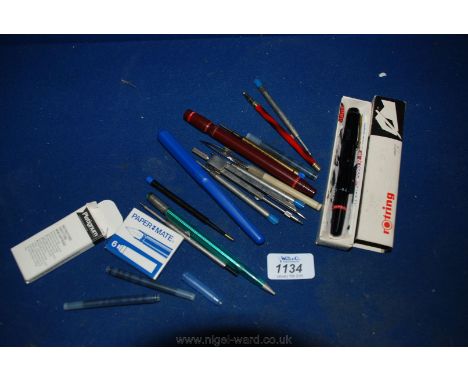 Two Rotring Rapidographs, a Compass and various Cartridges and refills