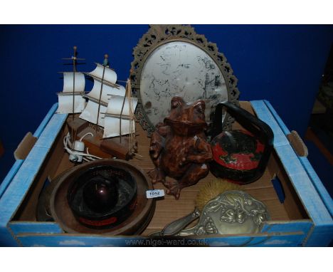 A quantity of miscellanea including large wooden Frog, bowls, pear, a lamp in the form of a Ship, mirror, etc.