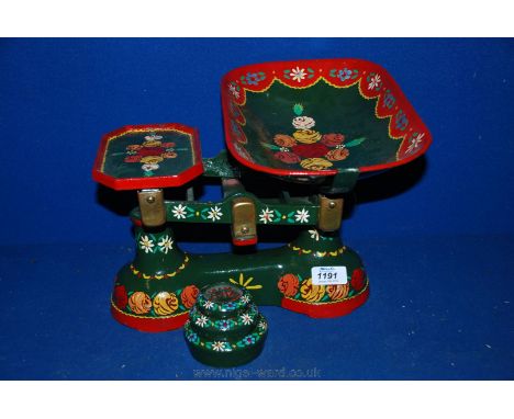 A large set of hand painted Barge ware Scales with weights - cast iron